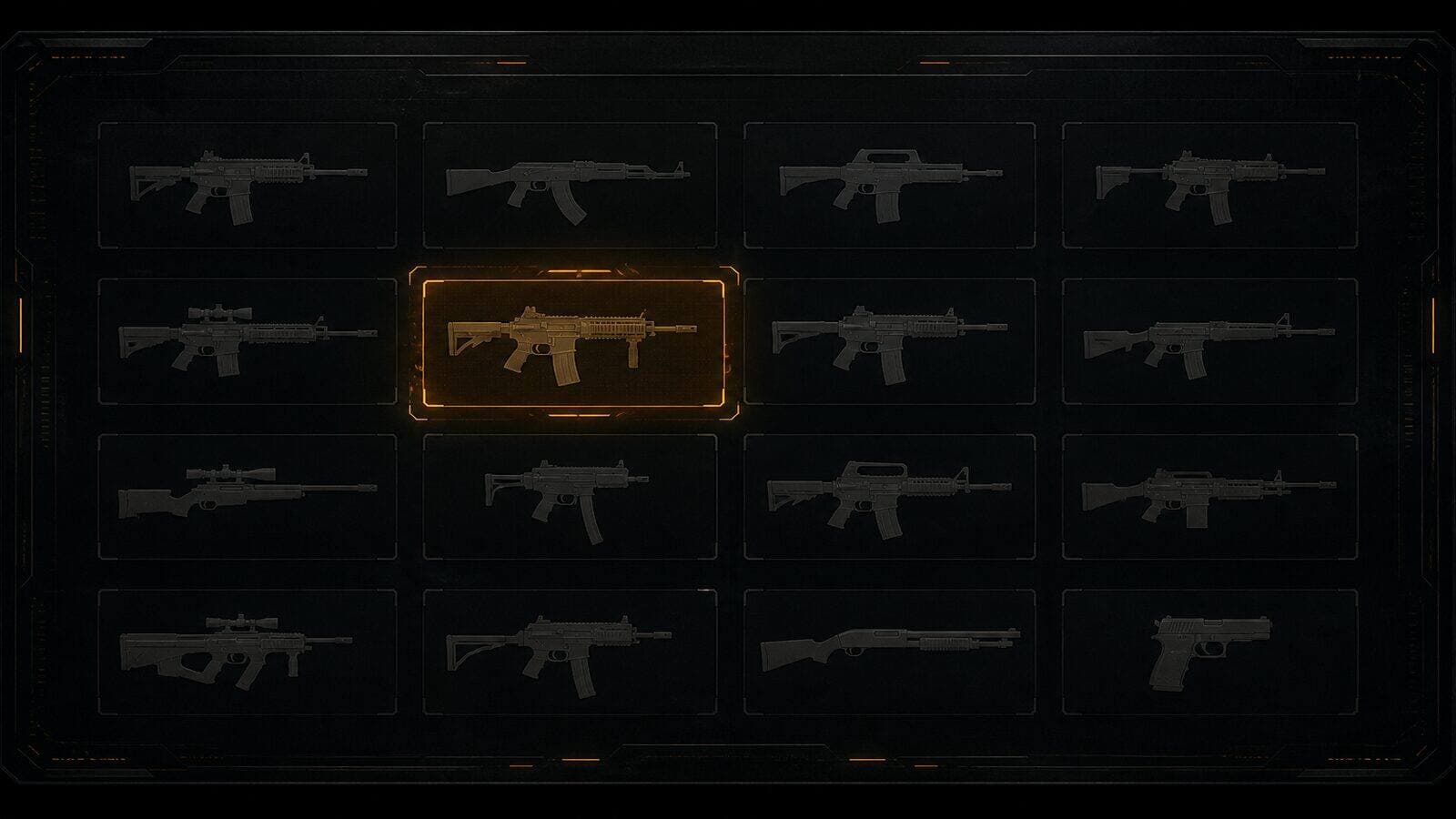 Dark tactical loadout grid with amber selection glow