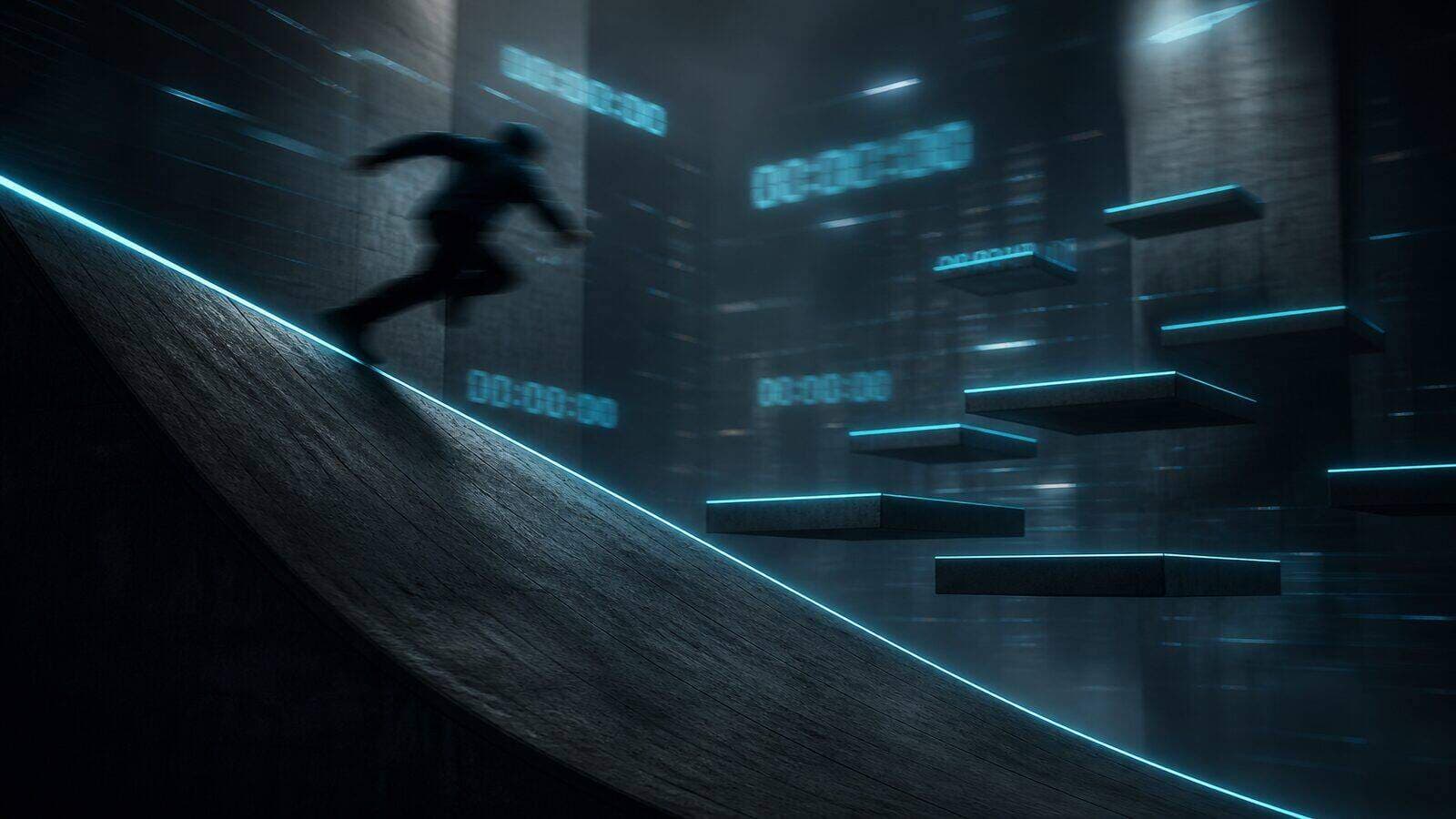 Dark neon bhop ramp with cyan motion and timer mood