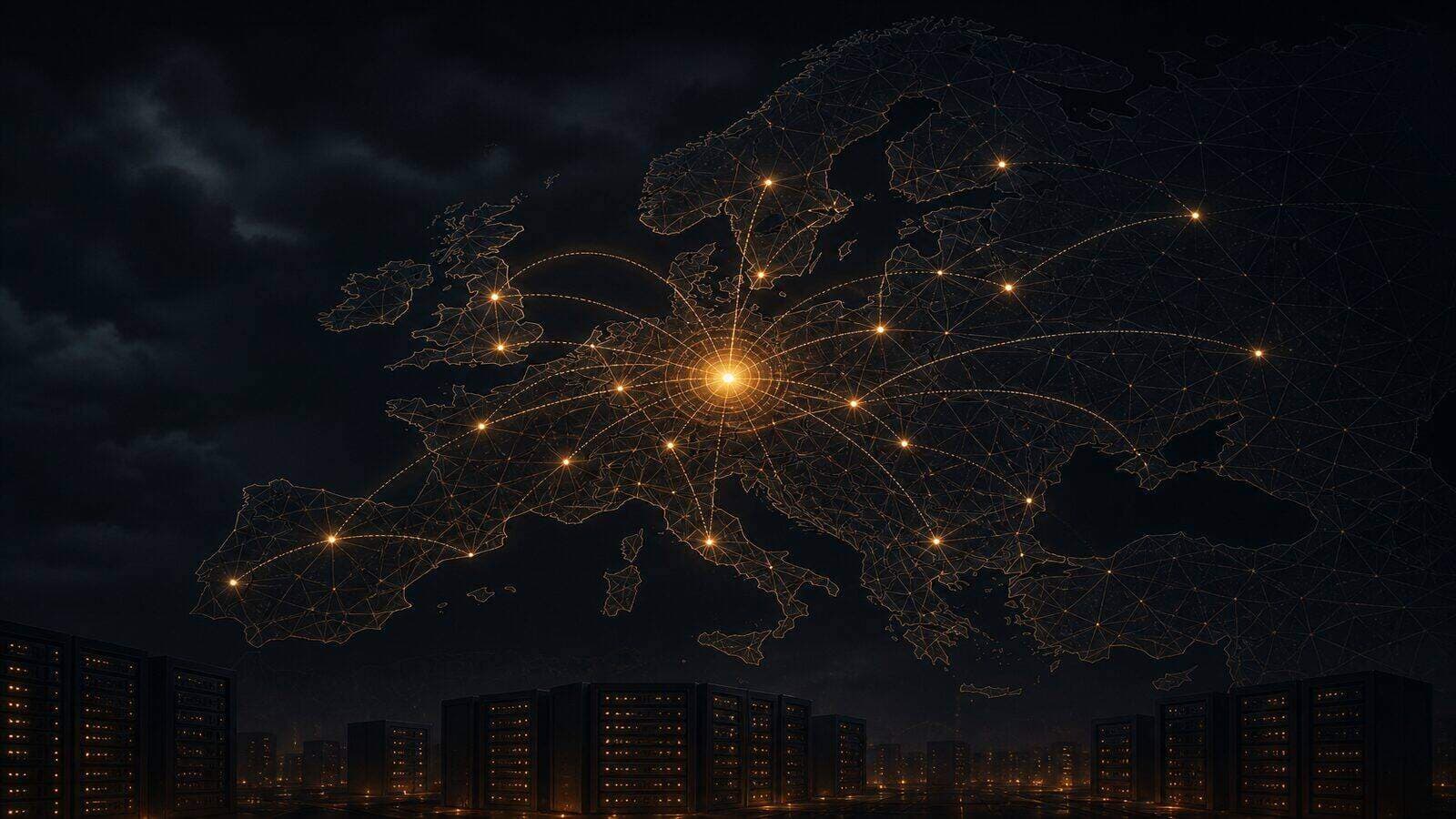 Dark geometric Europe wireframe with glowing Germany-region node