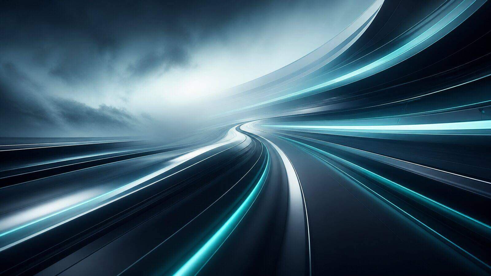 Abstract teal surf ramps with light streaks on dark void